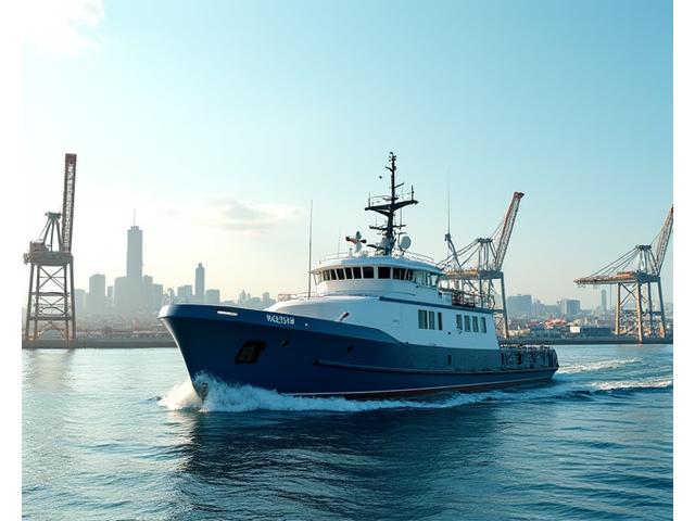 Modern fishing vessel navigating the Halifax Harbour with industrial cranes and the city skyline in the background, symbolizing maritime industry and connectivity.