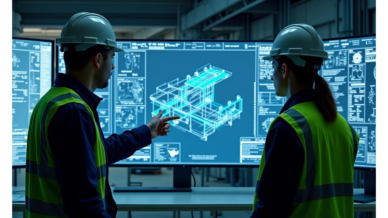 Engineers reviewing blueprints of complex food processing machinery on a large screen.