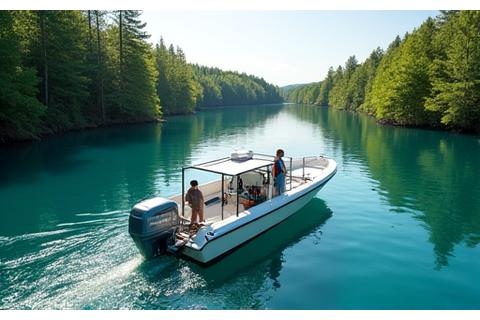 Freshwater lake with clear water and lush green banks, featuring a research boat deploying environmental monitoring equipment.