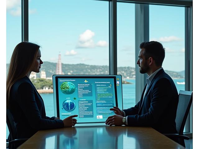 Two professionals reviewing blueprints and data on a tablet in a modern, sustainable office environment, symbolizing strategic environmental planning.