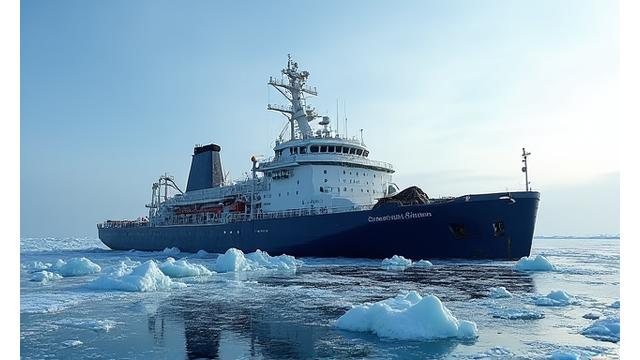 Fishing trawler operating in icy, arctic waters with a large, robust net visible.