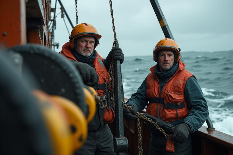 Fishermen securely operating storm-resistant deck equipment on a vessel in rough seas, showcasing stability and safety features.