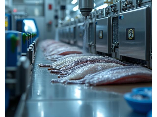 Fish processing machinery in a clean, industrial setting