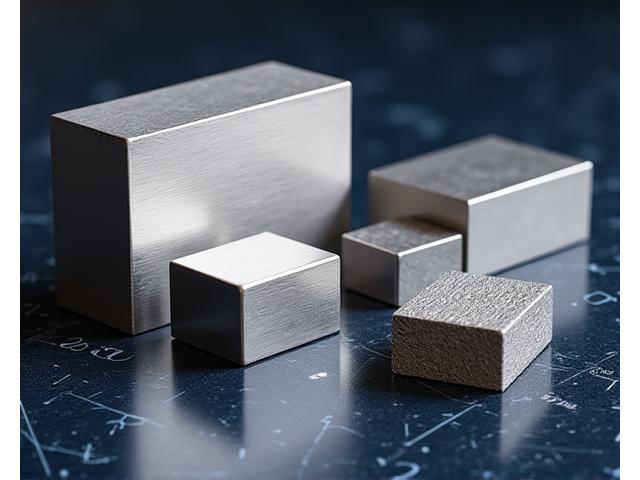 Various polished metal samples of marine-grade stainless steel and aluminum alloys with labels, showcasing their distinct properties.