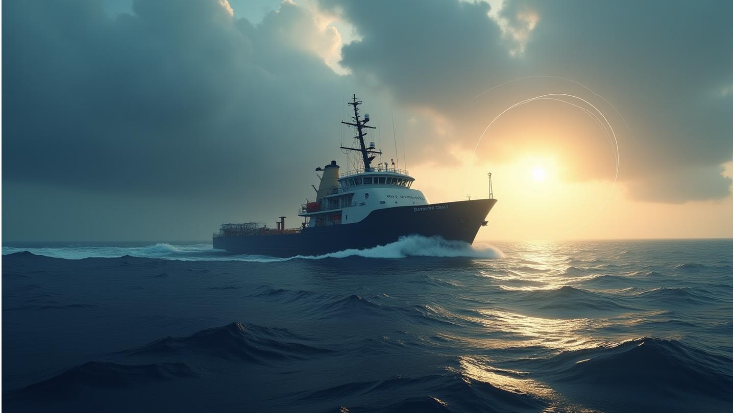 Industrial fishing vessel operating at sea, with a sense of urgency and vastness