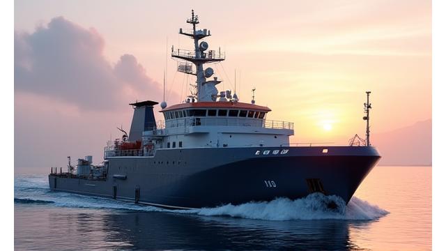 A large commercial fishing vessel navigating through a calm harbour at sunrise, equipped with advanced antennae and sensors.