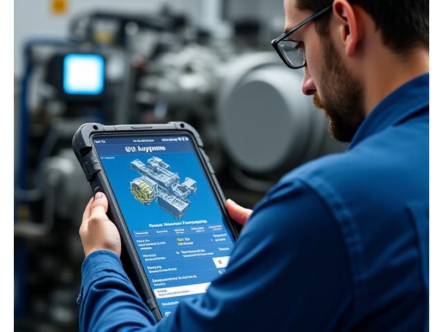Technician reviewing a tablet displaying predictive maintenance alerts and diagnostic data for marine engine components, with blurred machinery in the background.
