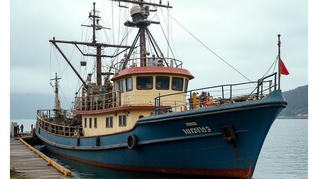 Before: An outdated, inefficient fishing vessel dockside, showing signs of wear and lacking modern equipment.
