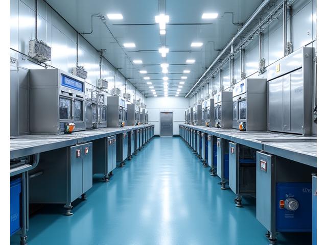 Interior view of a modern fish processing area on a vessel, with stainless steel machinery, conveyors, and integrated sorting systems.