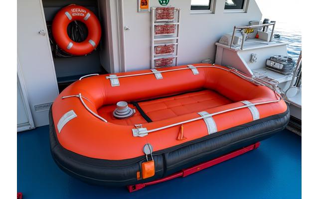 Emergency rescue equipment clearly marked on a fishing vessel deck, including life rafts, life preservers, and a first aid station, all in pristine condition.